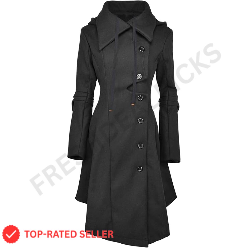 Long Wool Trench Coat Goth Victorian Style Peacoat With Hood Winter Outwear